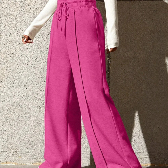 Hot Pink Women's Drawstring Waist Loose Wide Leg Palazzo Pants - Picture 5 of 5